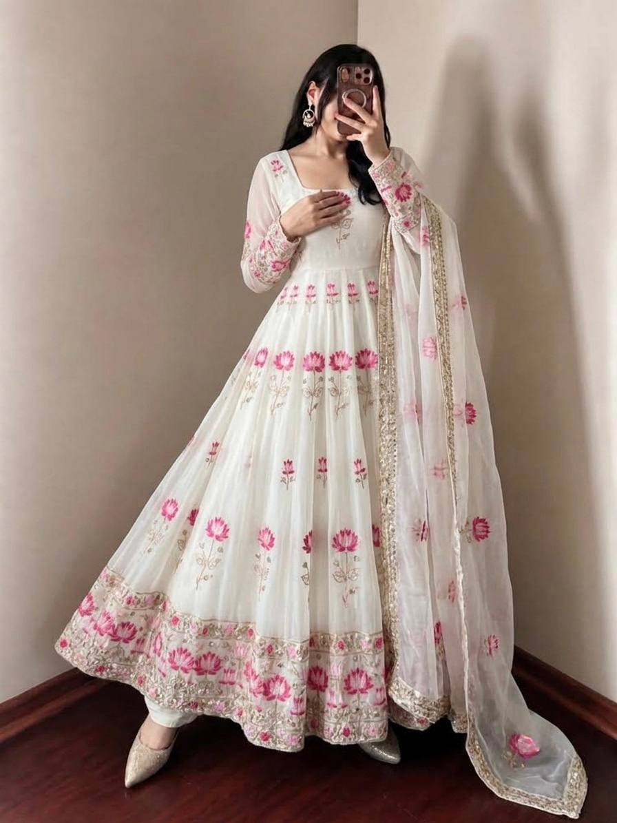 White  Embroidered Fully Stitched Anarkali Gown with Dupatta