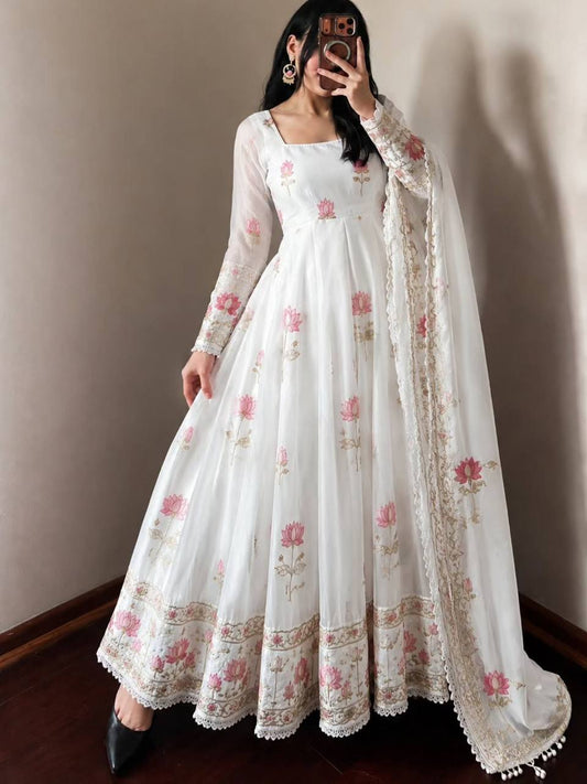 White  Embroidered Fully Stitched Anarkali Gown with Dupatta