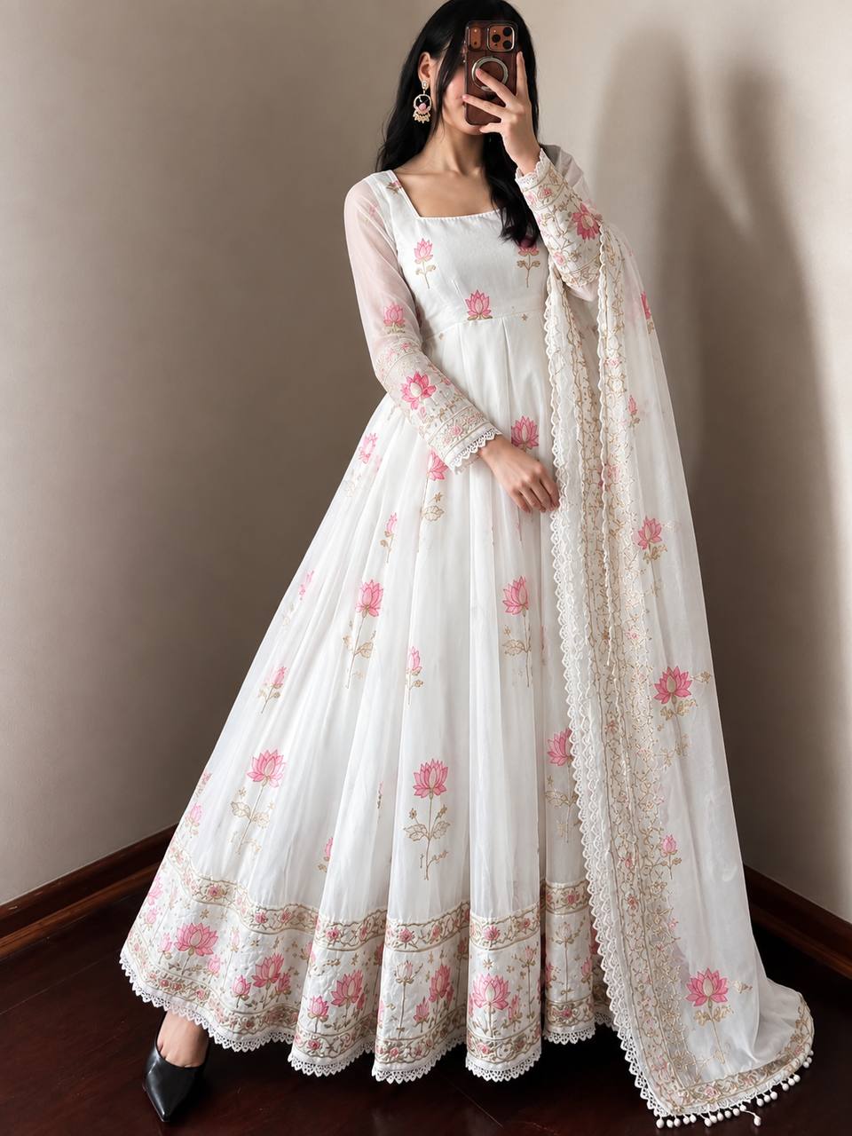 White  Embroidered Fully Stitched Anarkali Gown with Dupatta
