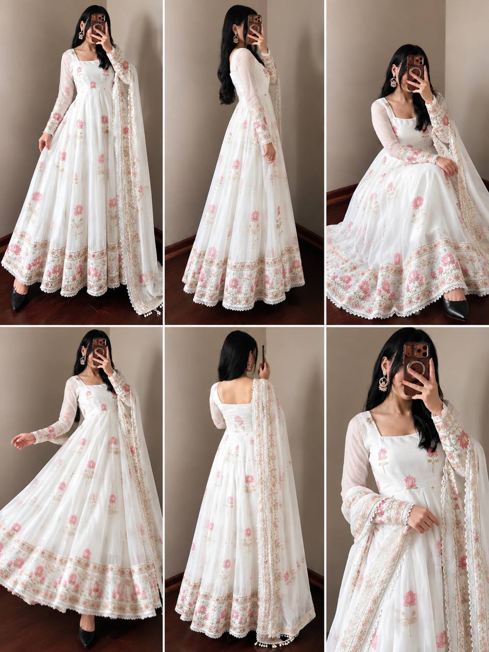 White  Embroidered Fully Stitched Anarkali Gown with Dupatta