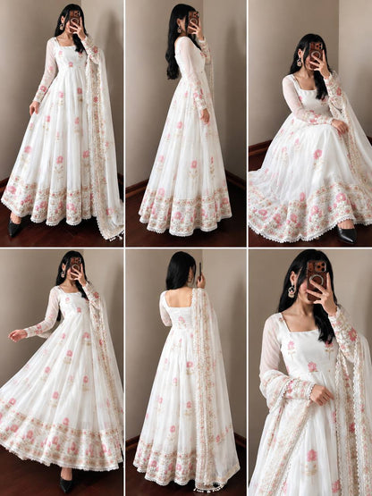 White  Embroidered Fully Stitched Anarkali Gown with Dupatta