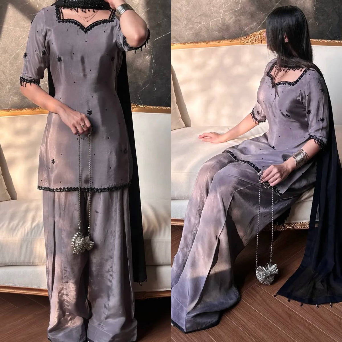 Luxury Grey Party Wear Kurta Palazzo Set with Beautiful Hand Embroidery