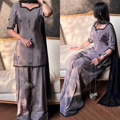Luxury Grey Party Wear Kurta Palazzo Set with Beautiful Hand Embroidery