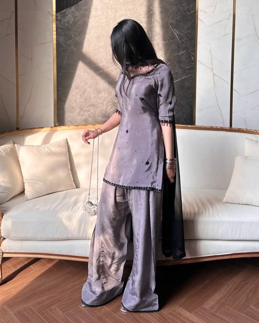 Luxury Grey Party Wear Kurta Palazzo Set with Beautiful Hand Embroidery