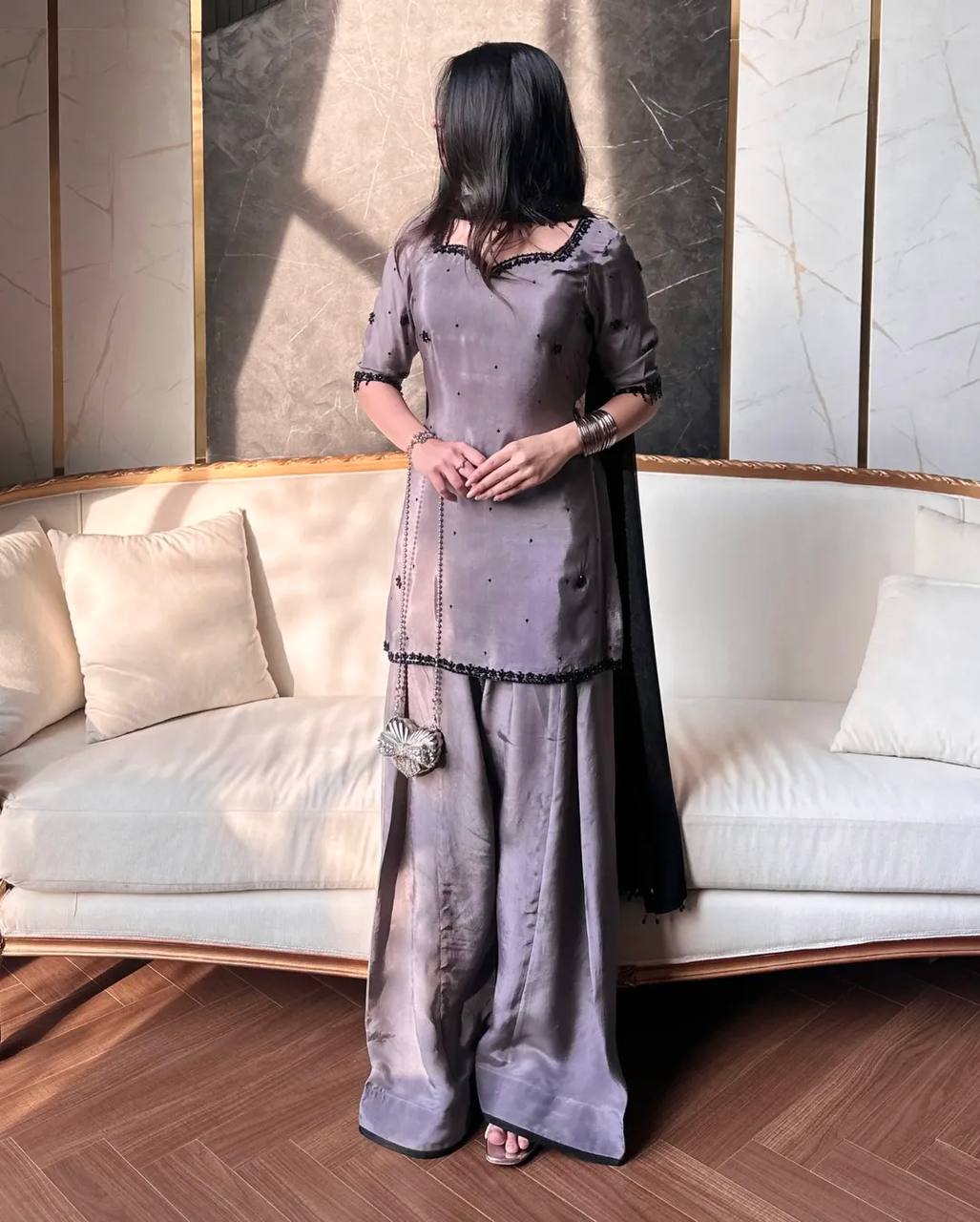 Luxury Grey Party Wear Kurta Palazzo Set with Beautiful Hand Embroidery