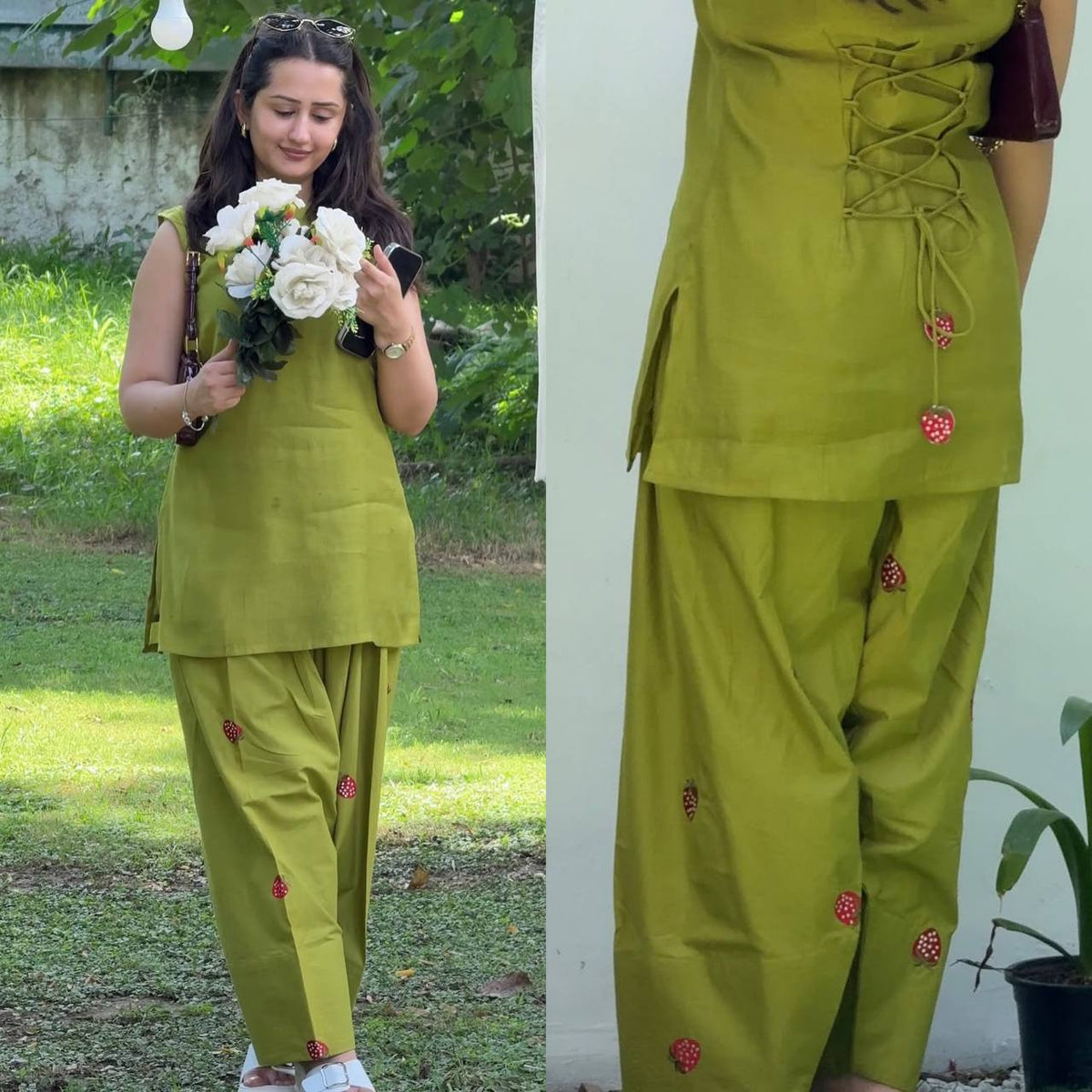 Lime Green Cotton Blend Strawberry Embroidered Straight Kurta with Farshi salwar Set