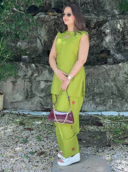 Lime Green Cotton Blend Strawberry Embroidered Straight Kurta with Farshi salwar Set