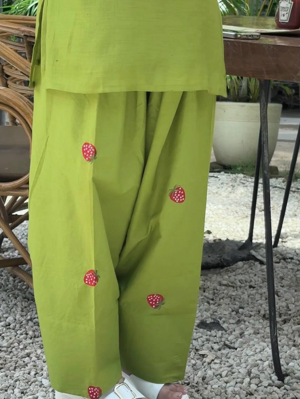 Lime Green Cotton Blend Strawberry Embroidered Straight Kurta with Farshi salwar Set