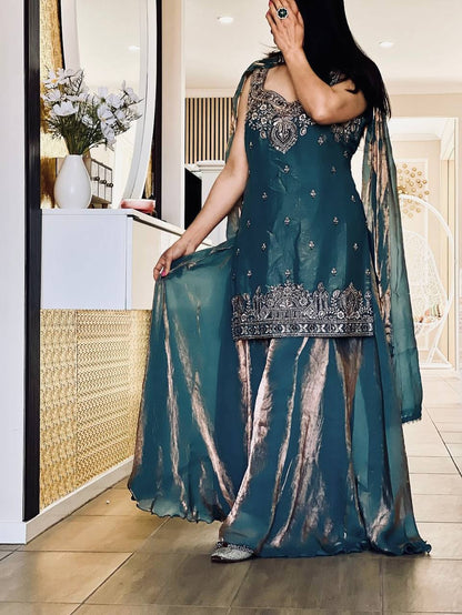 Luxury Embellished Sharara Set in Purple Gold