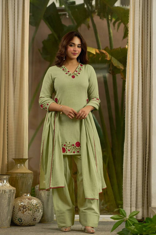 Pastel Green Floral Embroidered Cotton Straight Suit Set with Farshi salwar & Dupatta