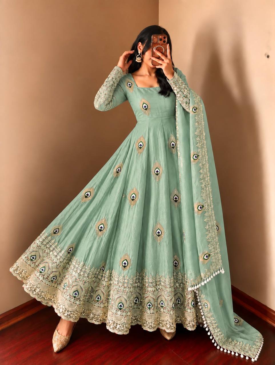 Peacock Embroidered Anarkali Suit Set