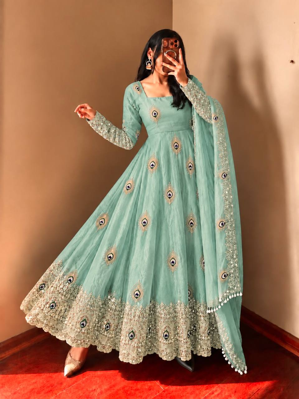 Peacock Embroidered Anarkali Suit Set