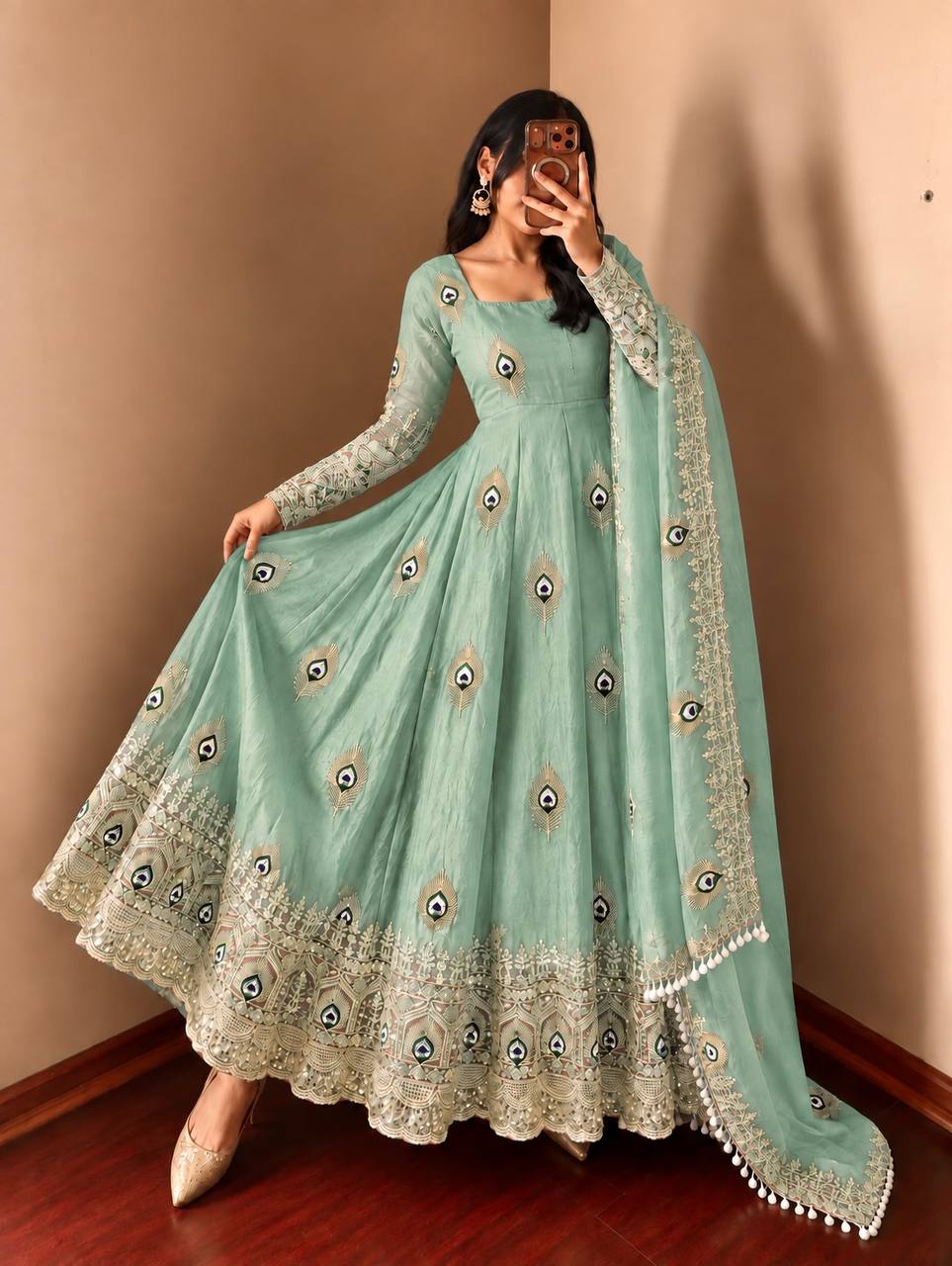 Peacock Embroidered Anarkali Suit Set