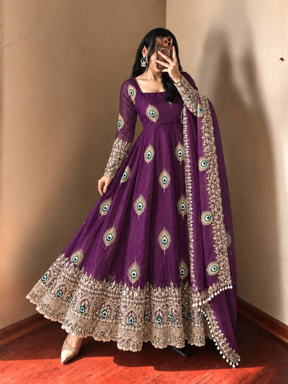 Peacock Embroidered Anarkali Suit Set