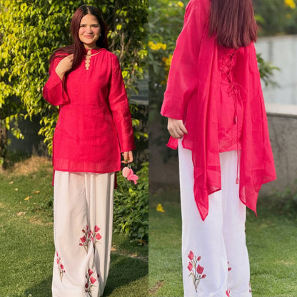 Pink Solid Cotton Kurta with Floral Embroidered White Palazzo Suit Set