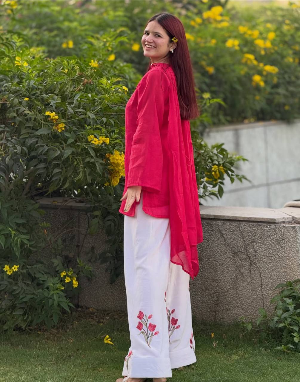 Pink Solid Cotton Kurta with Floral Embroidered White Palazzo Suit Set