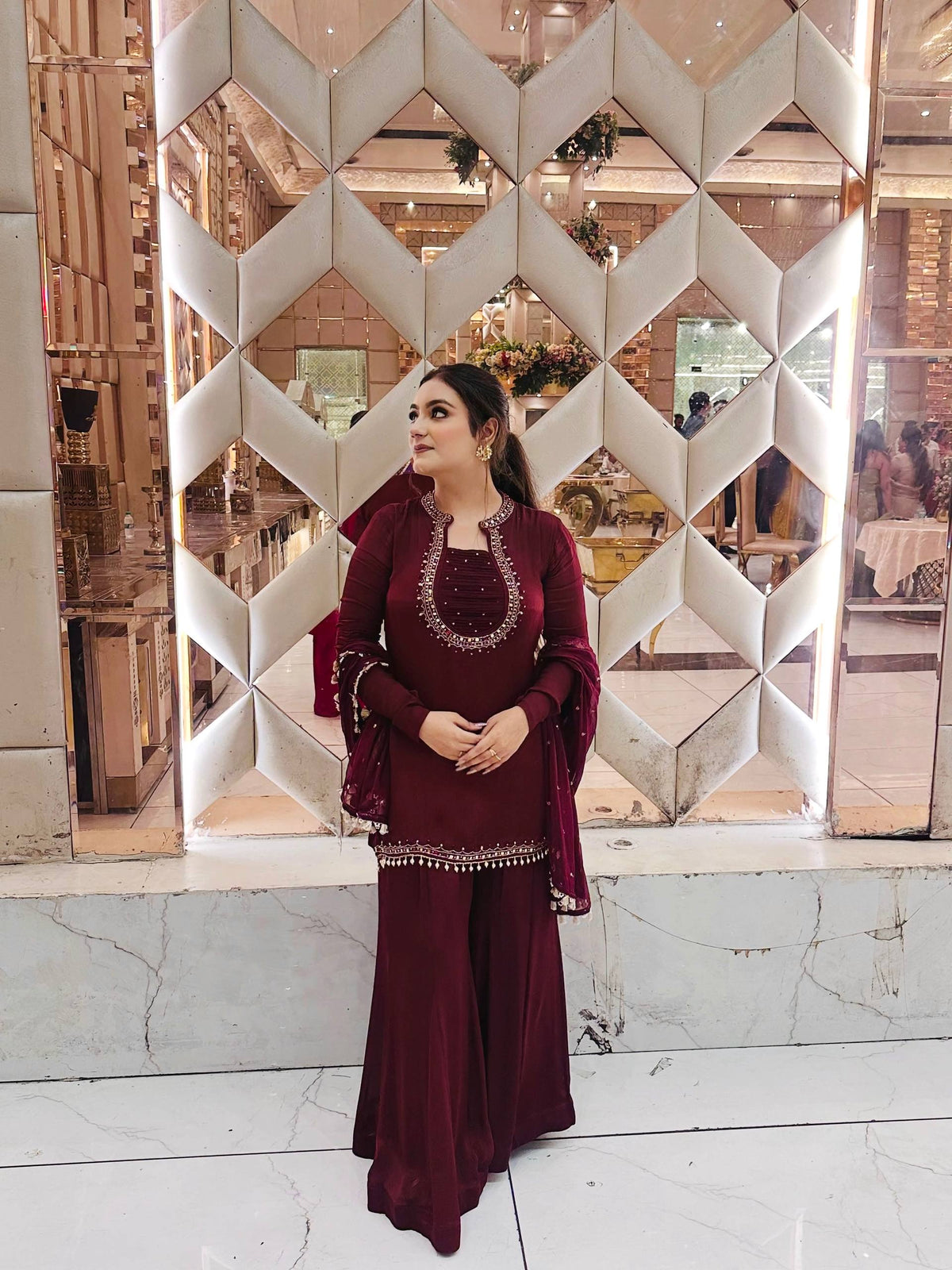 Maroon Pearl & Embroidered Straight Kurta with Palazzo & Dupatta Set