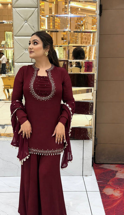 Maroon Pearl & Embroidered Straight Kurta with Palazzo & Dupatta Set