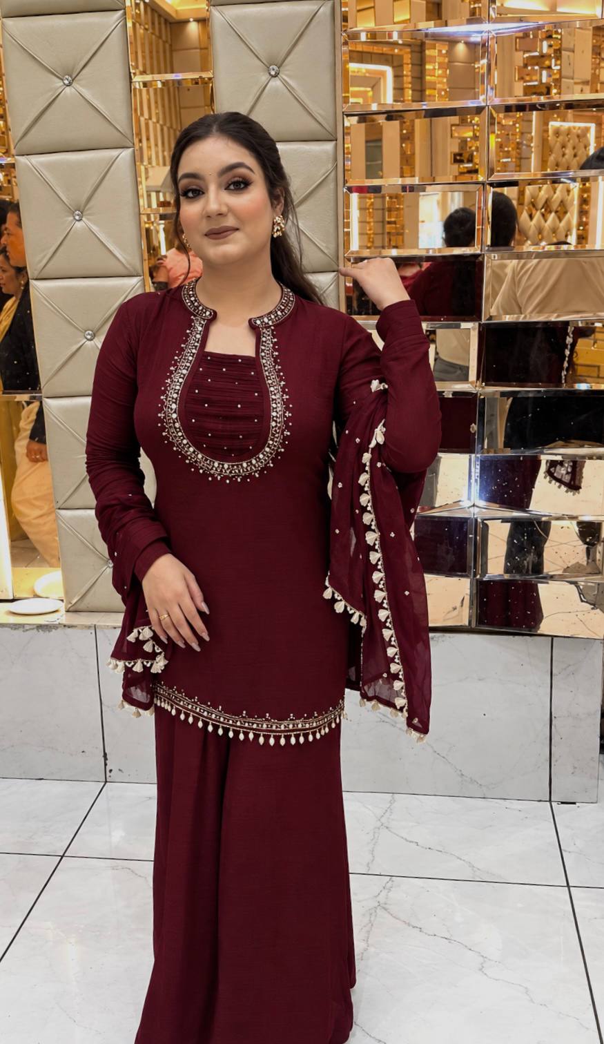 Maroon Pearl & Embroidered Straight Kurta with Palazzo & Dupatta Set
