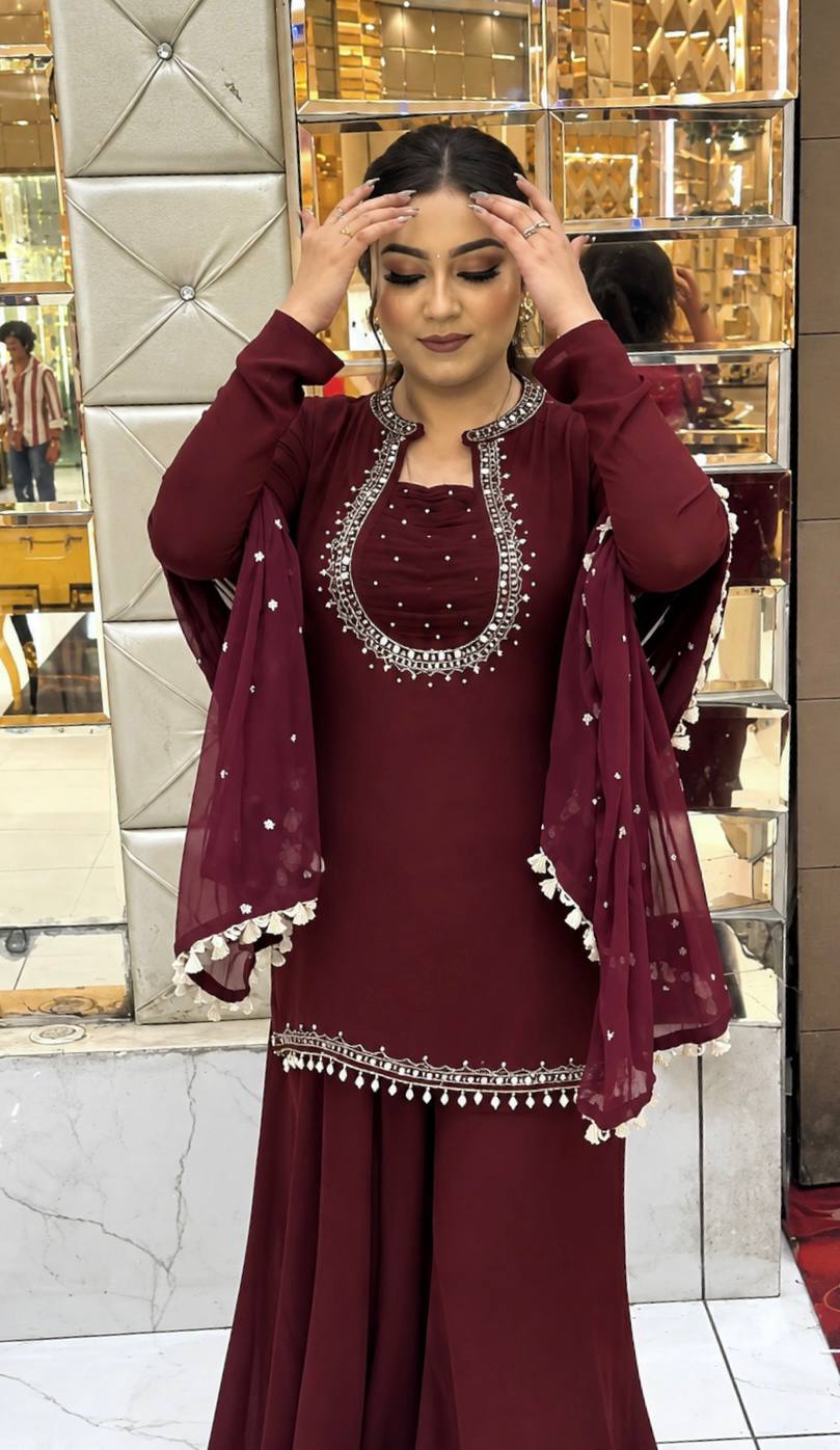 Maroon Pearl & Embroidered Straight Kurta with Palazzo & Dupatta Set
