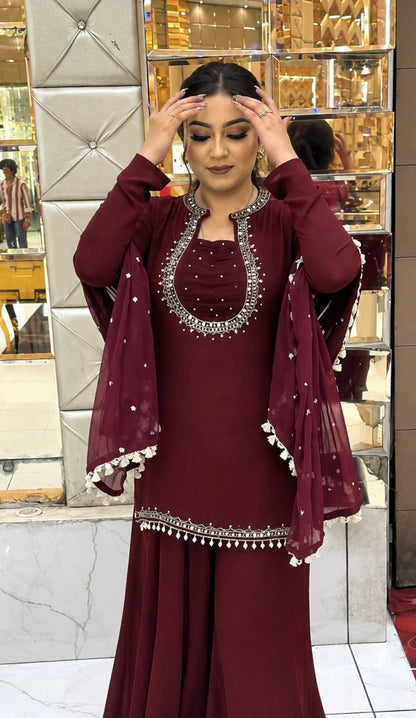 Maroon Pearl & Embroidered Straight Kurta with Palazzo & Dupatta Set