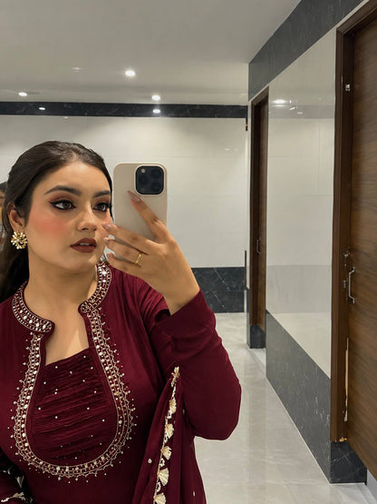 Maroon Pearl & Embroidered Straight Kurta with Palazzo & Dupatta Set