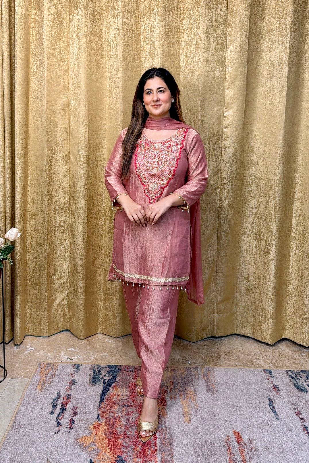Dusty Rose Embroidered Silk Straight Kurta with Straight & Matching Dupatta