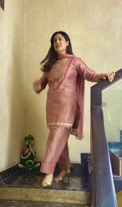 Dusty Rose Embroidered Silk Straight Kurta with Straight & Matching Dupatta