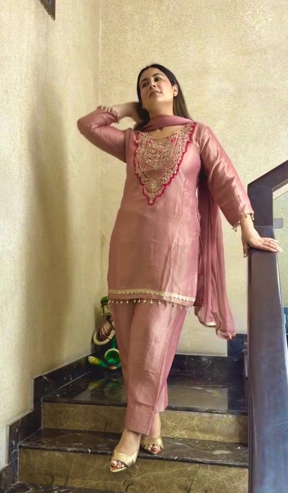Dusty Rose Embroidered Silk Straight Kurta with Straight & Matching Dupatta
