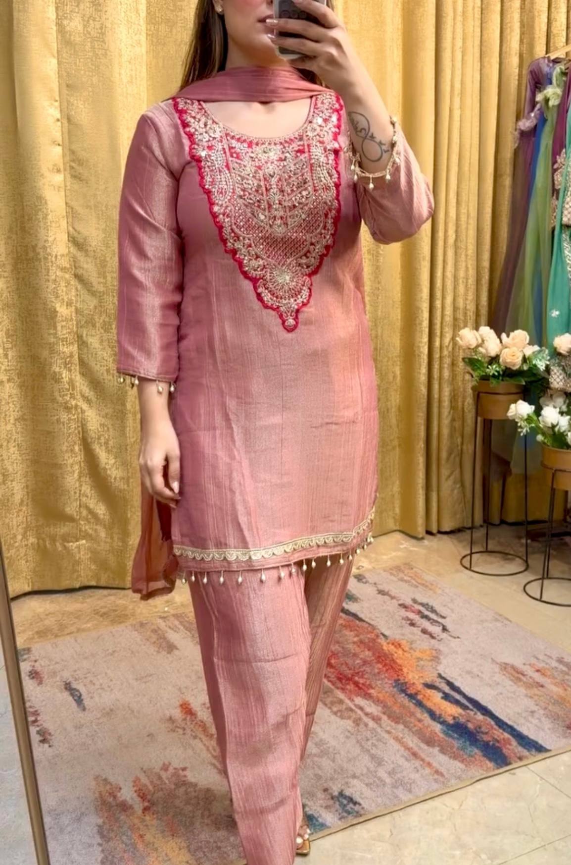 Dusty Rose Embroidered Silk Straight Kurta with Straight & Matching Dupatta