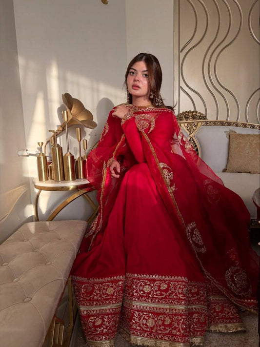 Red Embroidered  vichitra Anarkali Suit Set
