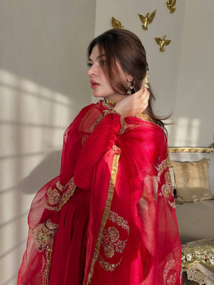 Red Embroidered  vichitra Anarkali Suit Set