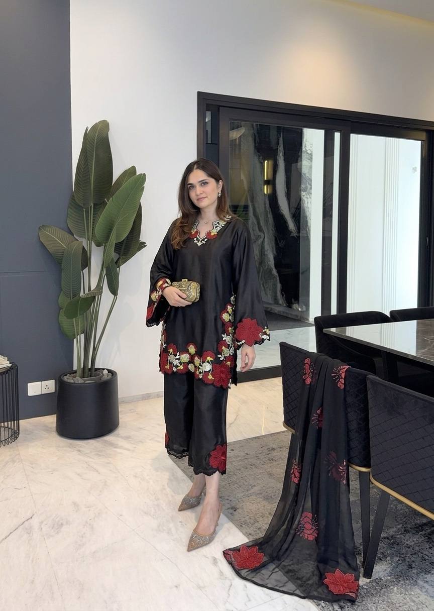 Elegant traditional outfit with floral embroidery showcasing grace, style, and modern sophistication