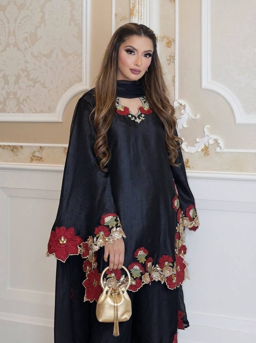 Elegant traditional outfit with floral embroidery showcasing grace, style, and modern sophistication