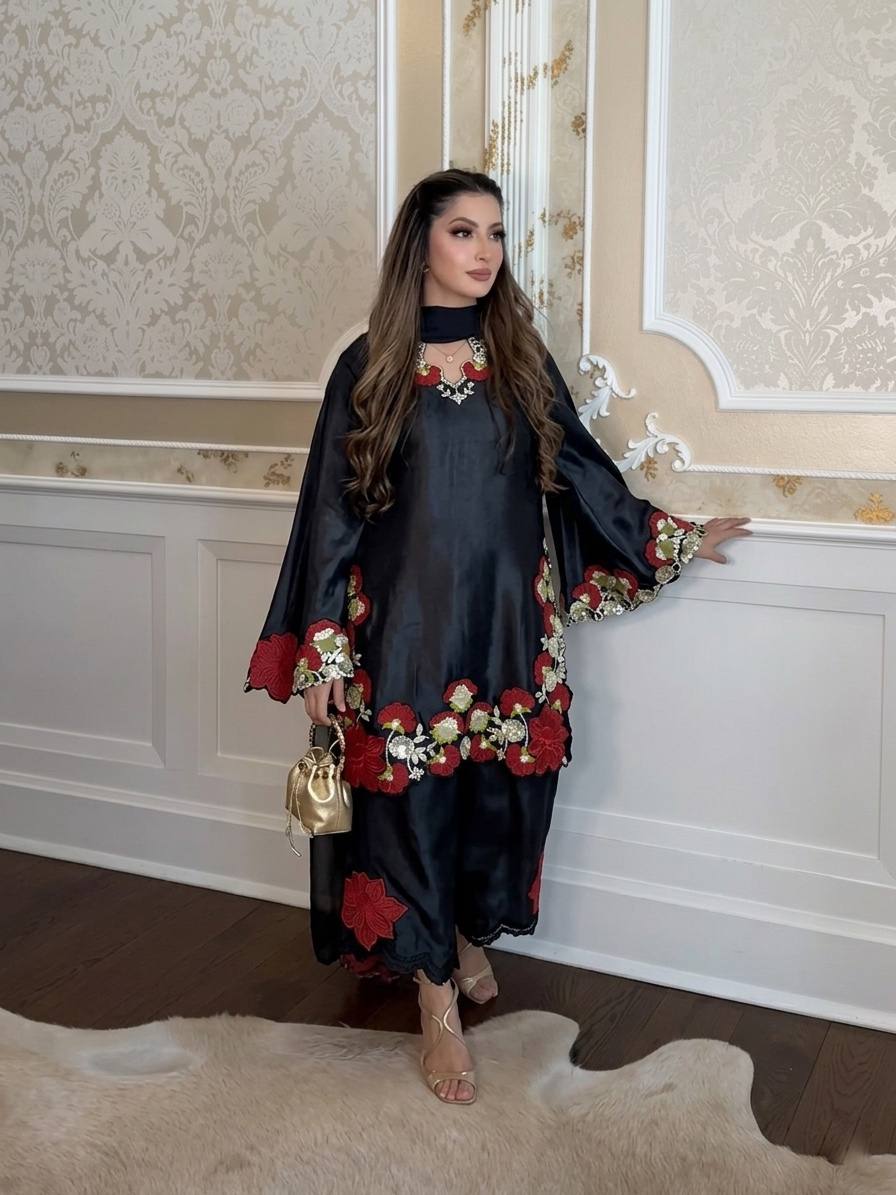 Elegant traditional outfit with floral embroidery showcasing grace, style, and modern sophistication