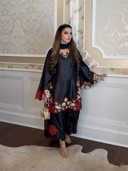 Elegant traditional outfit with floral embroidery showcasing grace, style, and modern sophistication