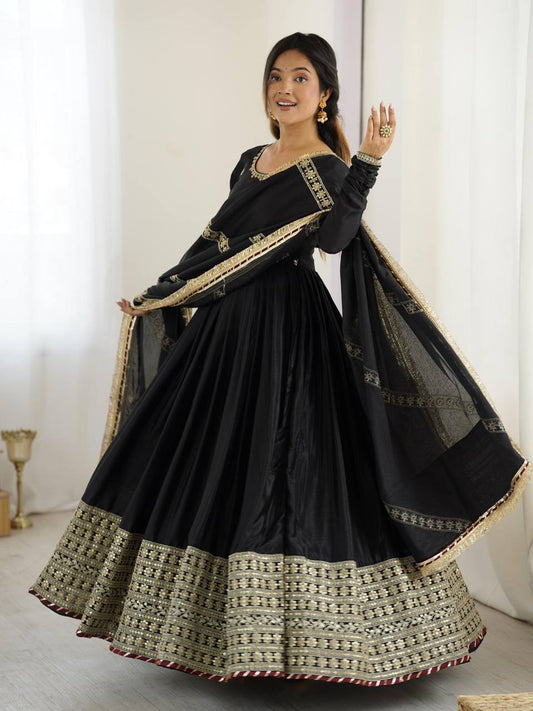 Gold Embroidered Chinon Flared Anarkali