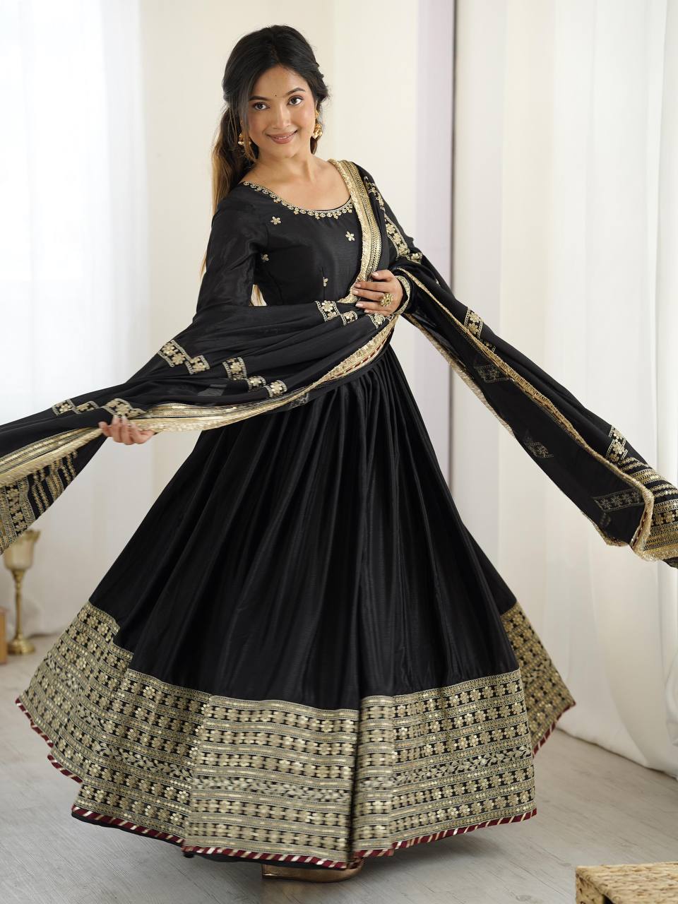 Gold Embroidered Chinon Flared Anarkali