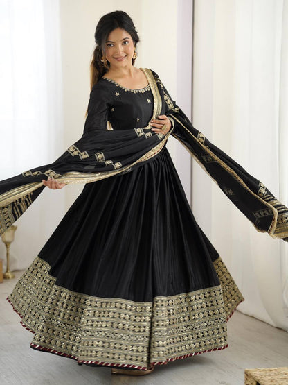 Gold Embroidered Chinon Flared Anarkali