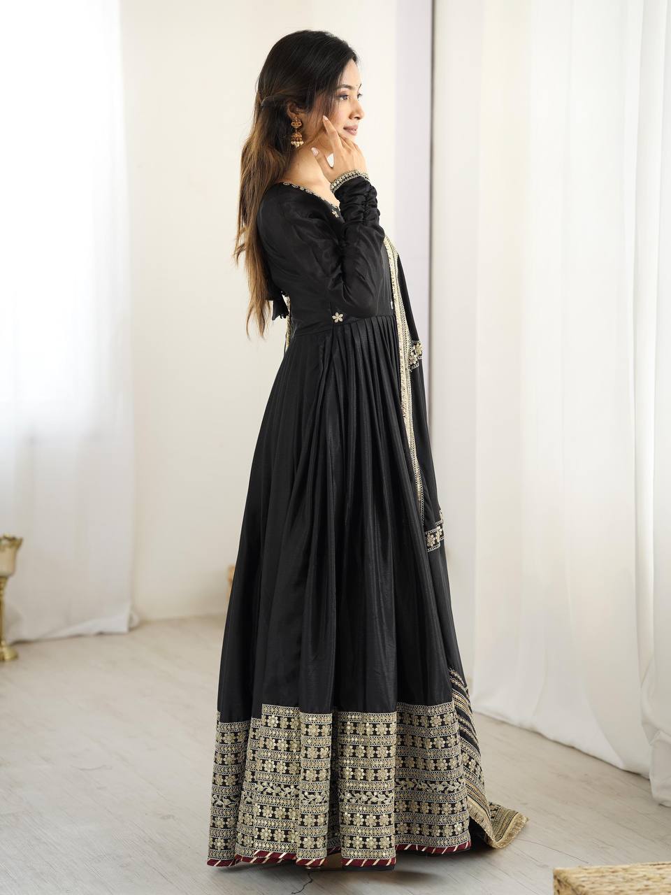 Gold Embroidered Chinon Flared Anarkali