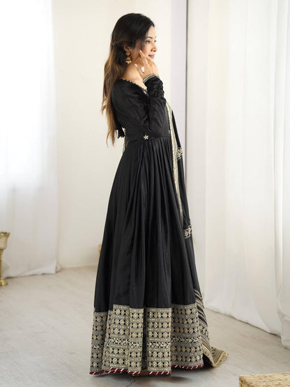 Gold Embroidered Chinon Flared Anarkali