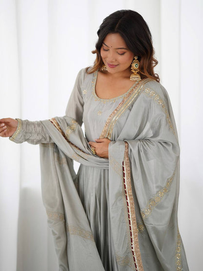 Gold Embroidered Chinon Flared Anarkali