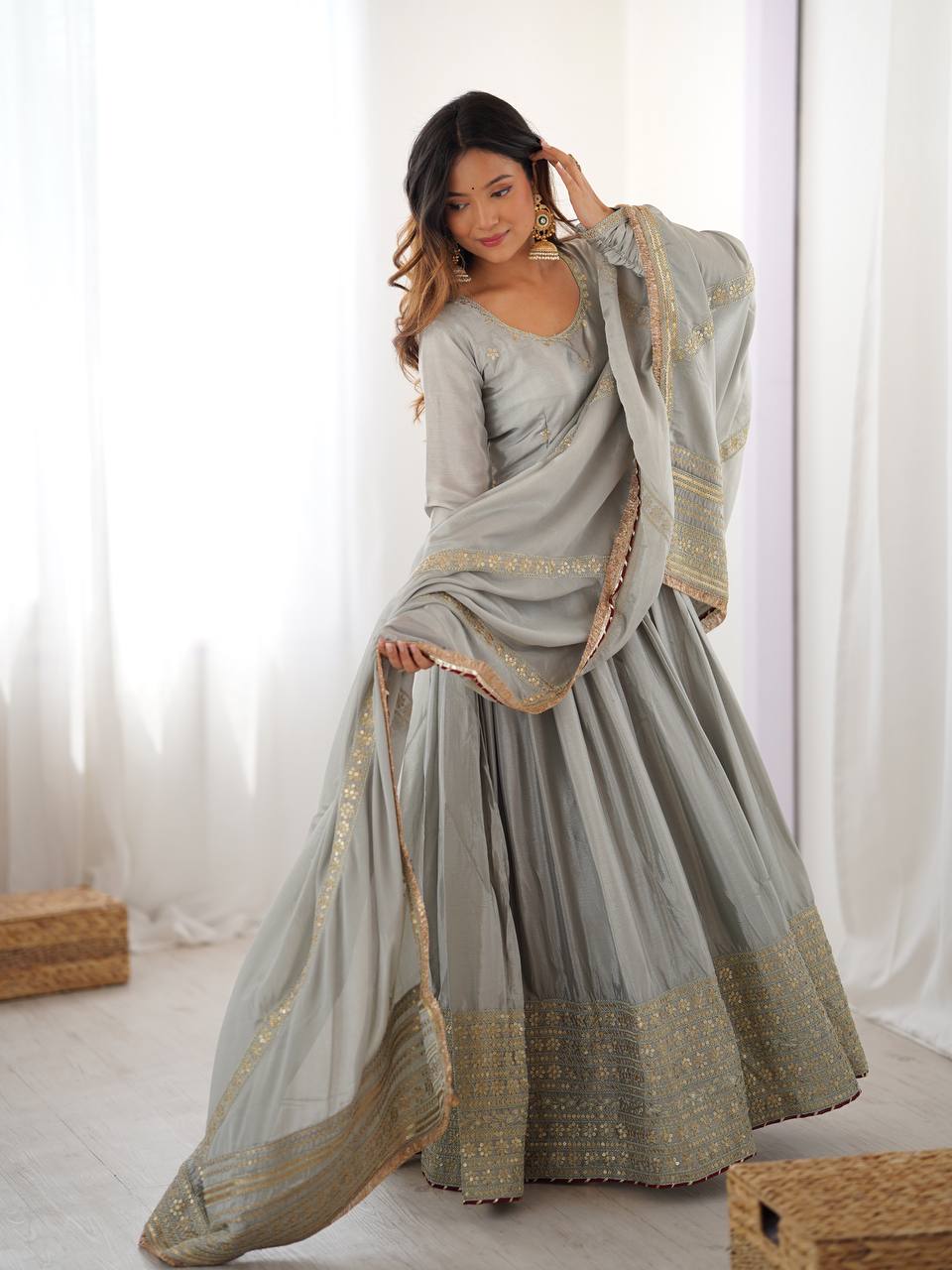 Gold Embroidered Chinon Flared Anarkali
