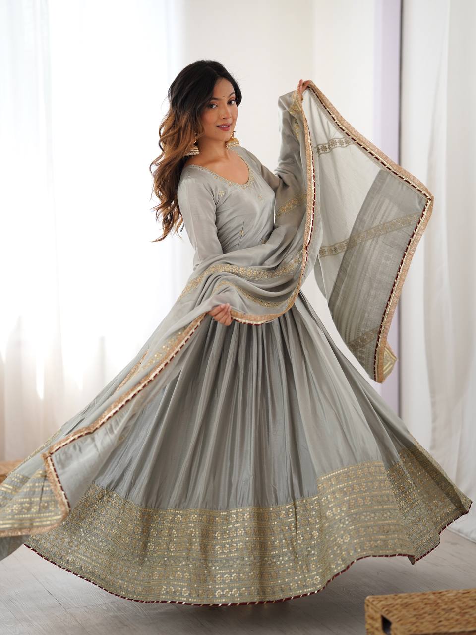 Gold Embroidered Chinon Flared Anarkali