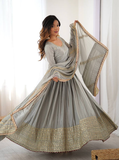 Gold Embroidered Chinon Flared Anarkali