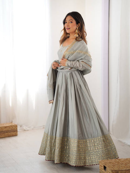 Gold Embroidered Chinon Flared Anarkali