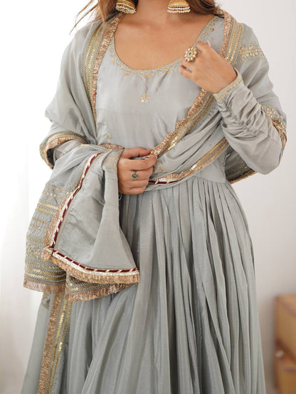 Gold Embroidered Chinon Flared Anarkali