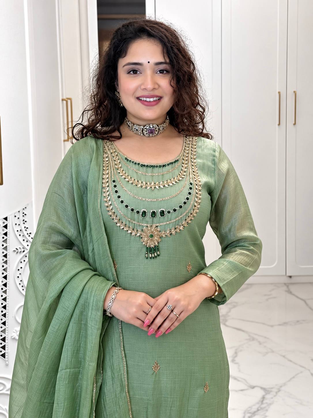 Mint Green Embroidered Chanderi Silk Straight Kurta with & Dupatta Set