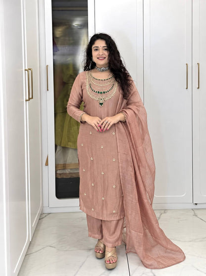 Mint Green Embroidered Chanderi Silk Straight Kurta with & Dupatta Set