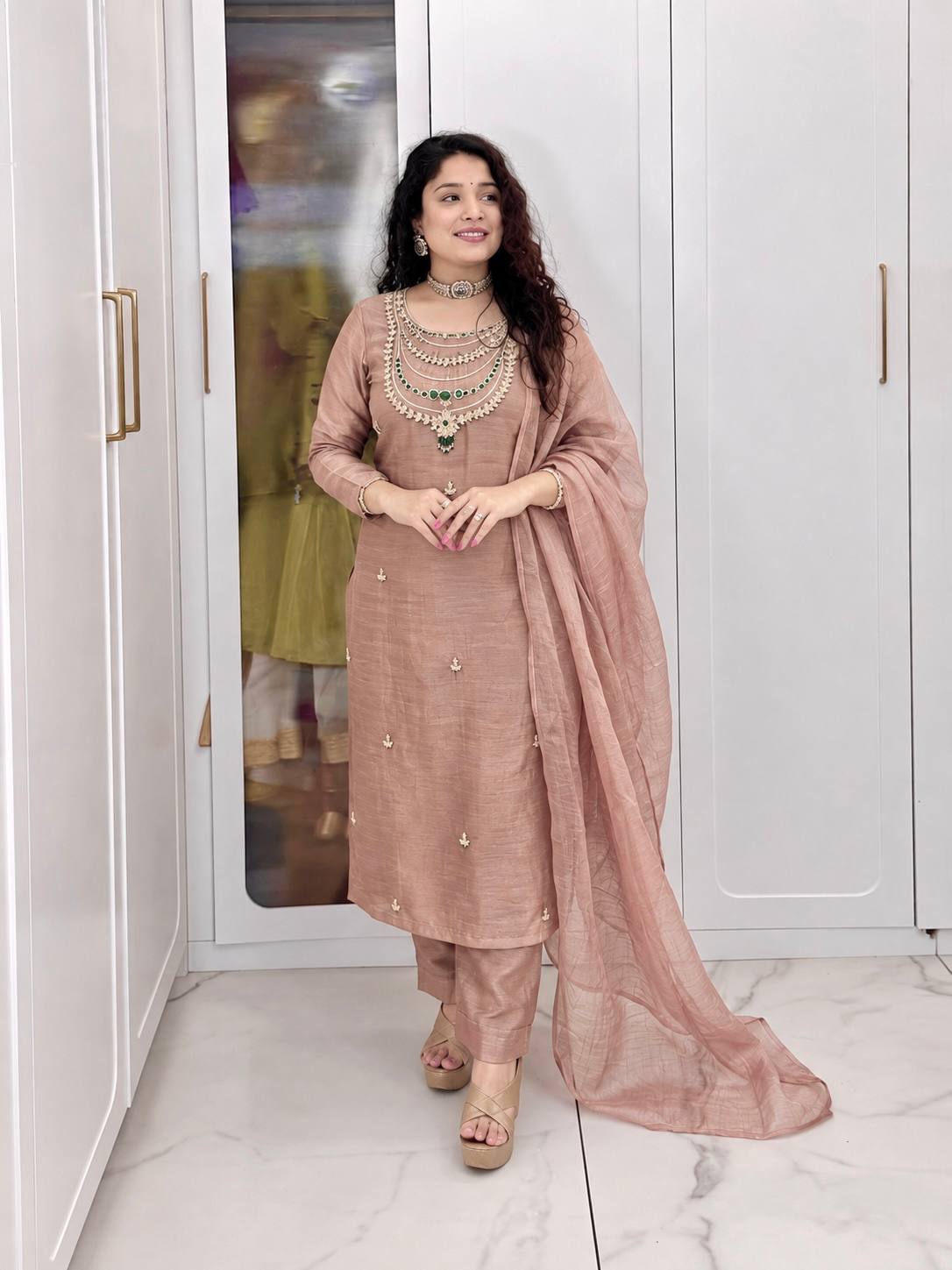 Mint Green Embroidered Chanderi Silk Straight Kurta with & Dupatta Set